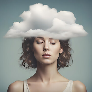 portrait of a woman with clouds, girl thinking