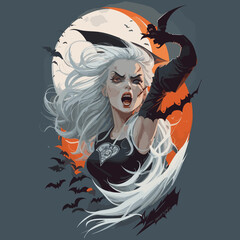 hallowee  tshirt  with white haired witch design illustration .