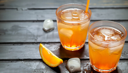 Orange soda, soft drink in cups with ice.