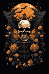 A skull with wings and roses in front of a full moon. Digital image. Halloween decor.