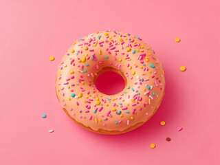Yellow donut with sprinkles isolated on pink background, Flat lay