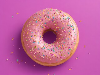 Pink donut closeup on purple background