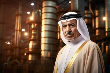 An Arab sheikh, in classic garb, stands by an oil refinery, embodying Middle Eastern energy