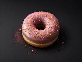 Close-up of colorful sprinkle donut on black background, 3D rendering