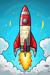 A red and white rocket flying through the sky. Digital image.