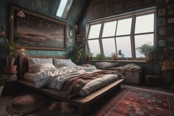 Bohemian styled bedroom with patterned bed and panoramic view. Generative AI
