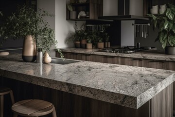 Enhance your kitchen with an elegant stone quartz countertop slab decor idea. Generative AI - obrazy, fototapety, plakaty