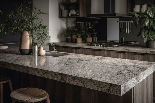Enhance your kitchen with an elegant stone quartz countertop slab decor idea. Generative AI