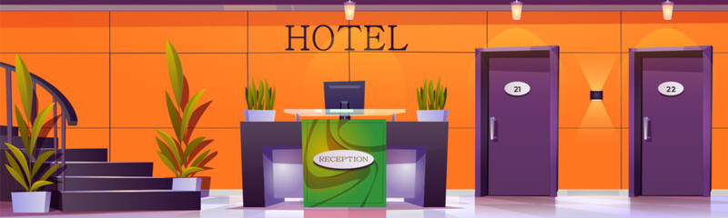 Welcome hotel reception desk in office lobby interior illustration. Receptionist desk service in business hall vector background. Entrance door to room near stars. Contemporary hostel corridor design