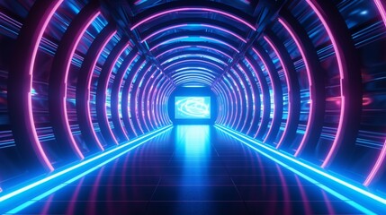 Metal glowing tunnel with neon light and perspective Generative Ai