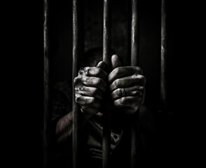 Man in Jail or Prison grabbing the iron bars of his prison cell. Concept of justice and punishment. Shallow field of view.