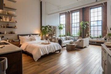 Fototapeta premium Beautiful loft style studio apartment featuring a chic kitchen with island, cozy bedroom with fireplace, and private gym.