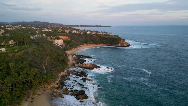 Playa Coral and Bachoco, aerial view drone, Puerto Escondido Oaxaca Mexico