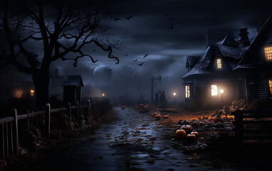 Spooky halloween background with pumpkins and old castle
