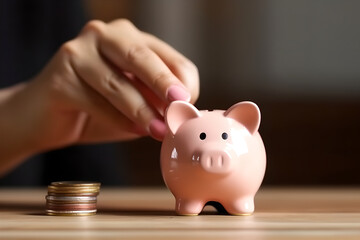 Close up of hand putting coin into piggy bank for saving money wealth, Concept investment for financial freedom plan, business deposit to hope success