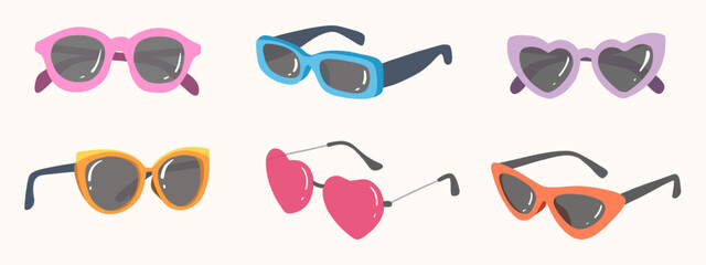 Set of sunglasses in retro Style . Eyewear in different forms. Collection of modern and vintage accessories. Protection from sunshine. Isolated vector illustration