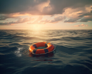 lifebuoy floating in the ocean at sunset. A life preserver floating in the middle of the ocean
