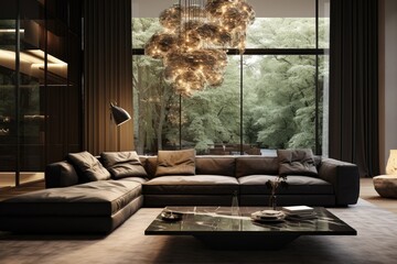 Black chandelier hangs over modern living room couch.