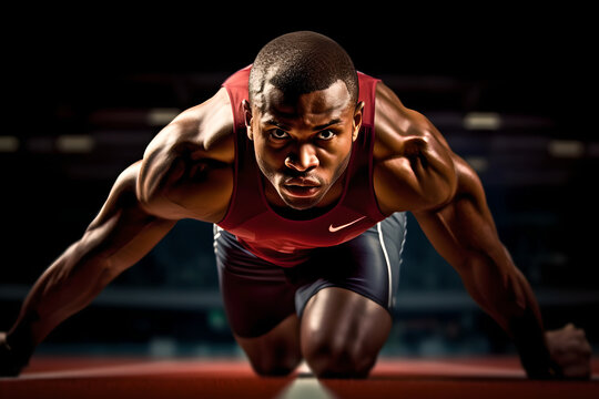 Professional male athlete at the starting blocks ready for a spring start on a dark background. Front view close up of a fit handsome young muscular male runner ready to race