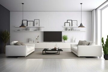 Fototapeta na wymiar Sleek living room interior with blank wall, rendered in 3D. Generative AI