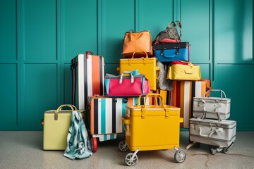 Bright suitcases loaded with seaside gear in cart beside black-and-white backdrop. Generative AI