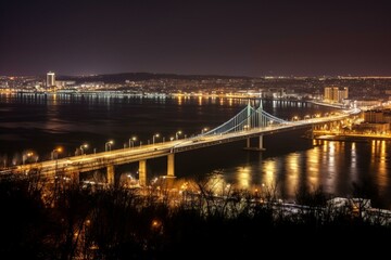 Fototapeta na wymiar Nighttime cityscape of Saratov, Russia with Saratov Bridge spanning the Volga River. Generative AI