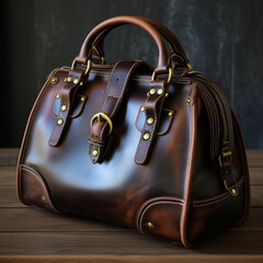 A brown leather bag on a wooden table. A brown leather bag sitting on top of a wooden table