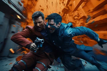 Action shot with man on the run. Dynamic scene in action movie blockbuster style. © swillklitch