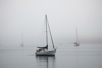 Sailboat foggy lake. Generate Ai