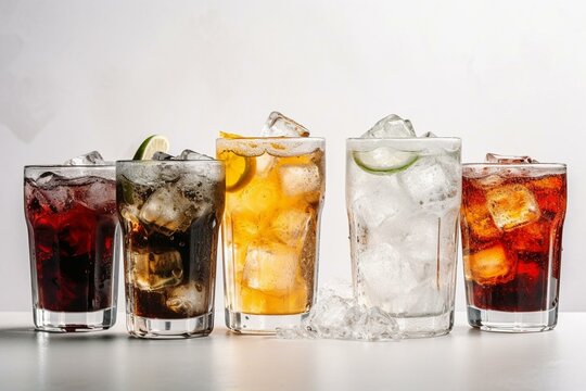 Assorted carbonated beverages and ice cubes on a white background. Generative AI