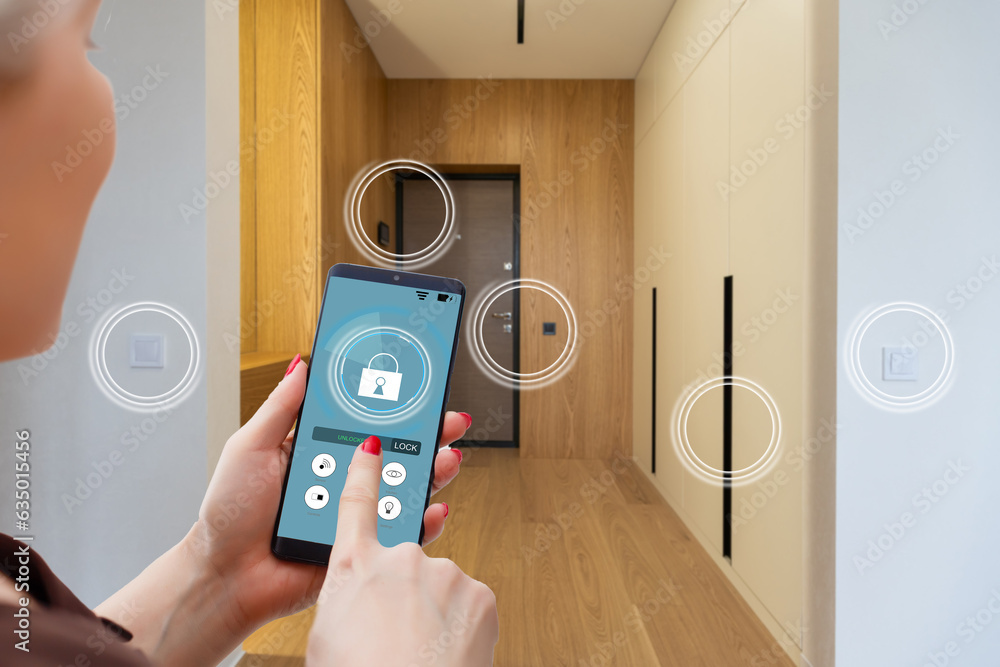 Poster smart home technology interface on smartphone app screen with augmented reality (ar) view of interne