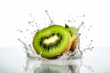 Kiwi fruit with water splash on a white background. Generative AI