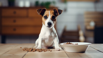 Cute little puppy dog sitting in the living room with a bowl of dry healthy tasty food cozy...