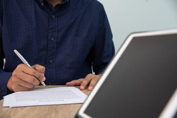 Businessman working at office. Digital tablet connection internet application online.