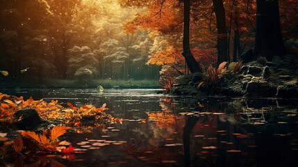 Autumn landscape, river, forest, Autumn colors in woodland. autumn background