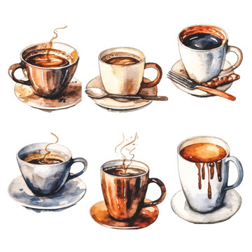 Sip & Paint: Watercolor Clipart Bundle of Cafe Coffee, White
