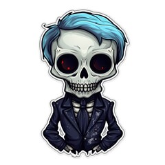 A sticker of a skeleton with blue hair. Digital image.