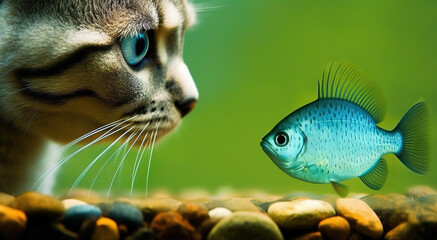 Cute cat watching the fish. Funny kitten sniffing the fish.