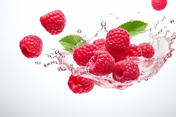 Falling raspberry with the splash of water isolated on White background