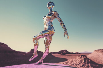 Crome robot woman dancing in the desert. Artificial intelligence rise and shiny. Mechanical beauty.