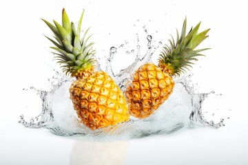 Pineapples with the splash of water on white background