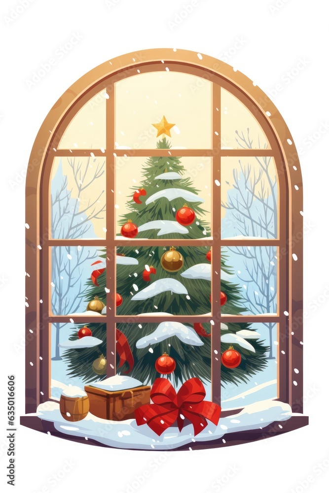 Poster a christmas tree in a window with snow on the ground. digital image.
