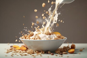 Breakfast bowl with milk, yogurt, oat cookies, granola, nuts, seeds & healthy cereals in 3D milk splash. Ads design. Generative AI