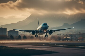 Fototapeta na wymiar Image of airplane landing at Nice Airport terminal. Generative AI