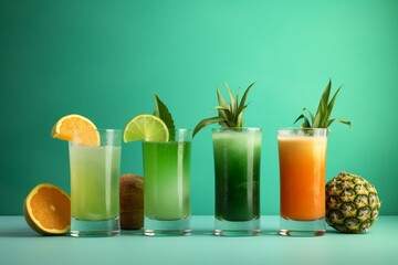 4 tropical drinks on aqua green background. Generative AI