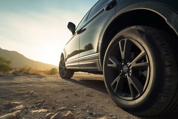 Close-up of SUV's right rear wheel on a thrilling road trip. Generative AI