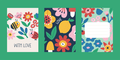 Floral vector cards with flowers, fruit, lemon, apple, pear, berry, cherry, bee, ladybug, plant, leaf, mushroom, bushes, nature in hand drawn flat style