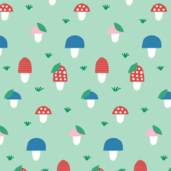 Seamless cute vector kids floarl pattern with mushrooms, plants, trees, leaves, bushes, Sinek Agaric in minimal flat modern style