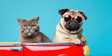 Funny pug dog and cat with sunglasses in toy car on light blue background - obrazy, fototapety, plakaty