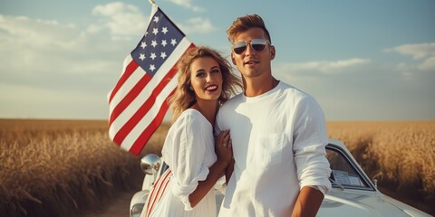 Carefree married couple dressed in white clothes driving a car with an American flag on a country road